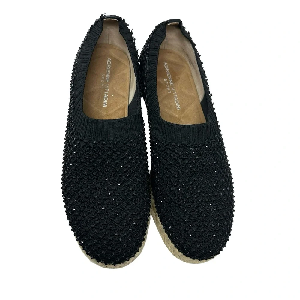 Adrienne Vittadini Sport Nicola Black Sequin Slip On Espadrille Wedges Size 9